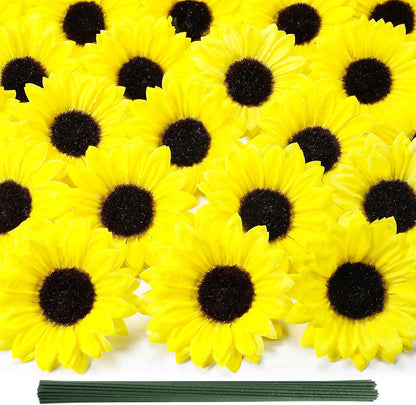40pcs Fake Sunflower Heads with Stems, Yellow