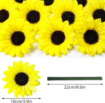 40pcs Fake Sunflower Heads with Stems, Yellow