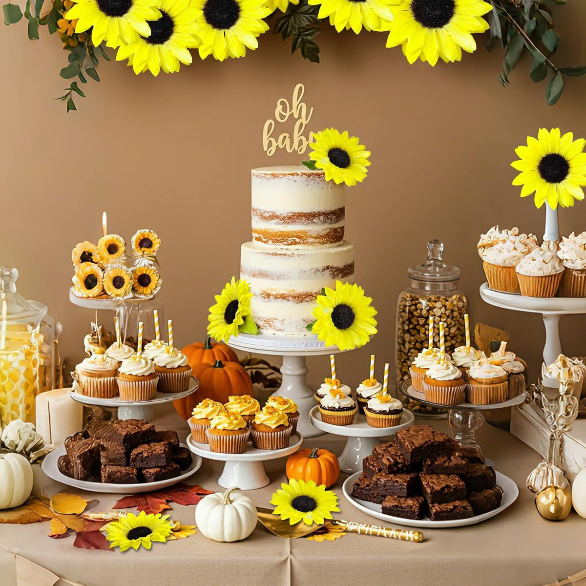 40pcs Fake Sunflower Heads with Stems, Yellow