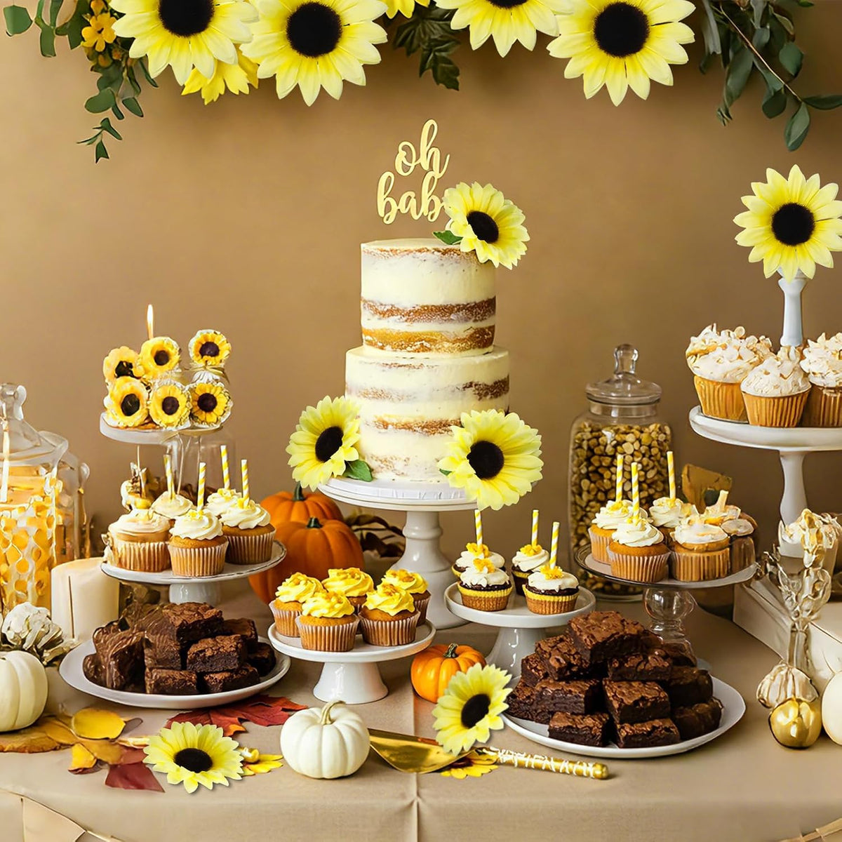 40pcs Fake Sunflower Heads with Stems, Yellow