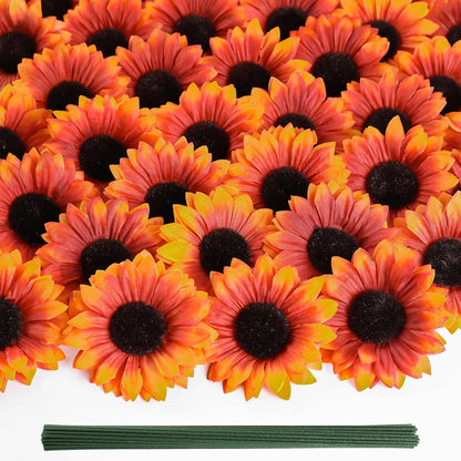 40pcs Fake Sunflower Heads with Stems, Yellow