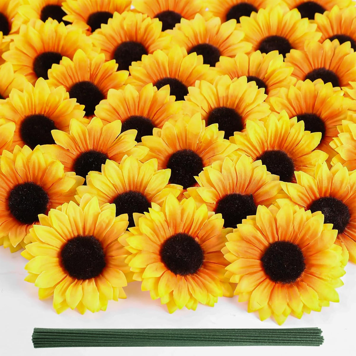 40pcs Fake Sunflower Heads with Stems, Yellow