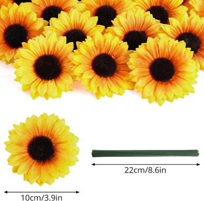 40pcs Fake Sunflower Heads with Stems, Yellow
