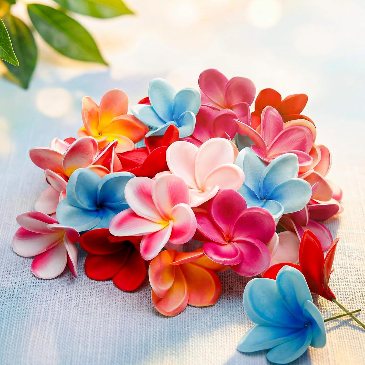 30 Pcs Hawaiian Plumeria Frangipani PU Artificial Flowers Tropical Flowers with Stems for DIY Real to Touch Birthday Gifts Wedding Home Hawaiian Party Decor Table Centerpiece (Orange Pink)