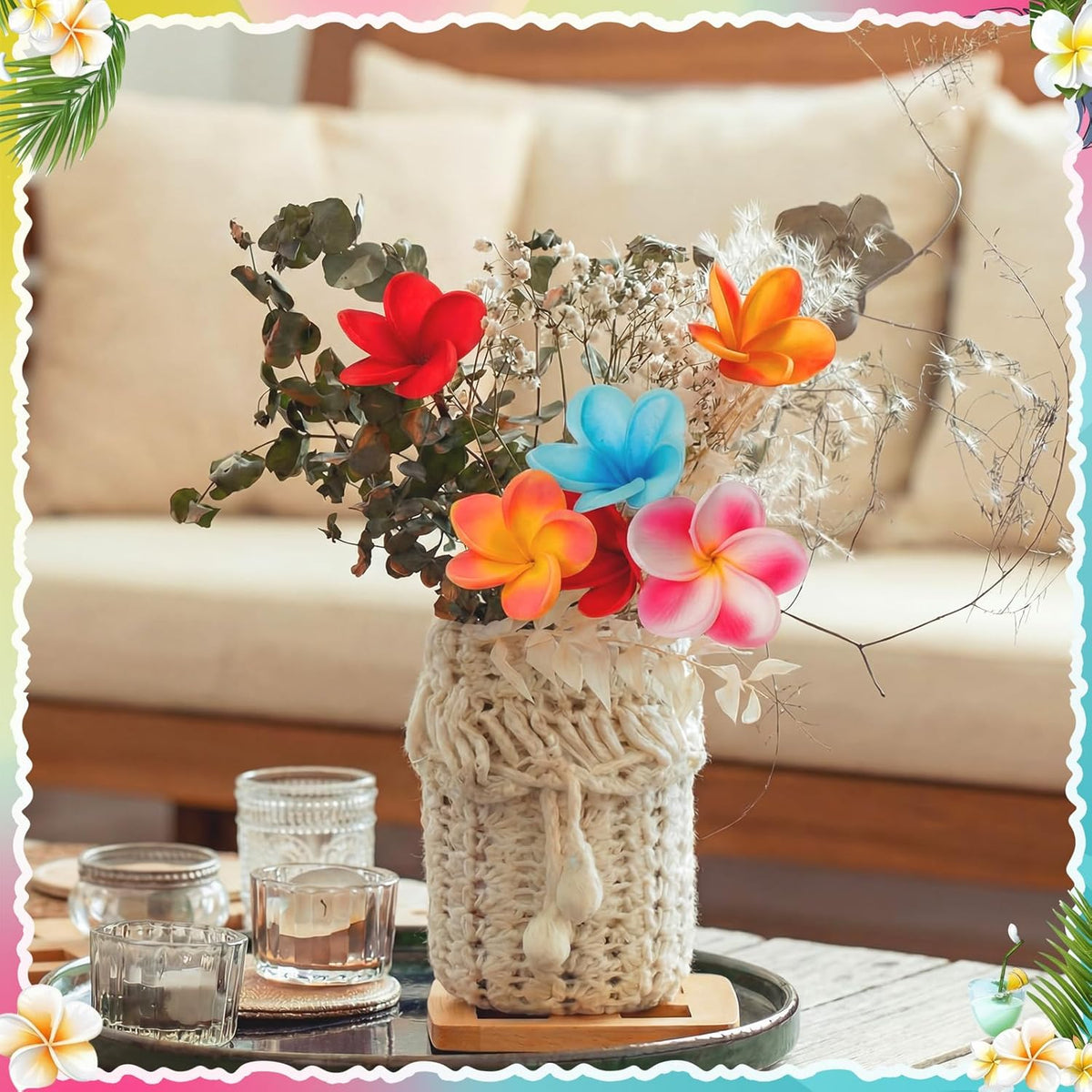 30 Pcs Hawaiian Plumeria Frangipani PU Artificial Flowers Tropical Flowers with Stems for DIY Real to Touch Birthday Gifts Wedding Home Hawaiian Party Decor Table Centerpiece (Orange Pink)