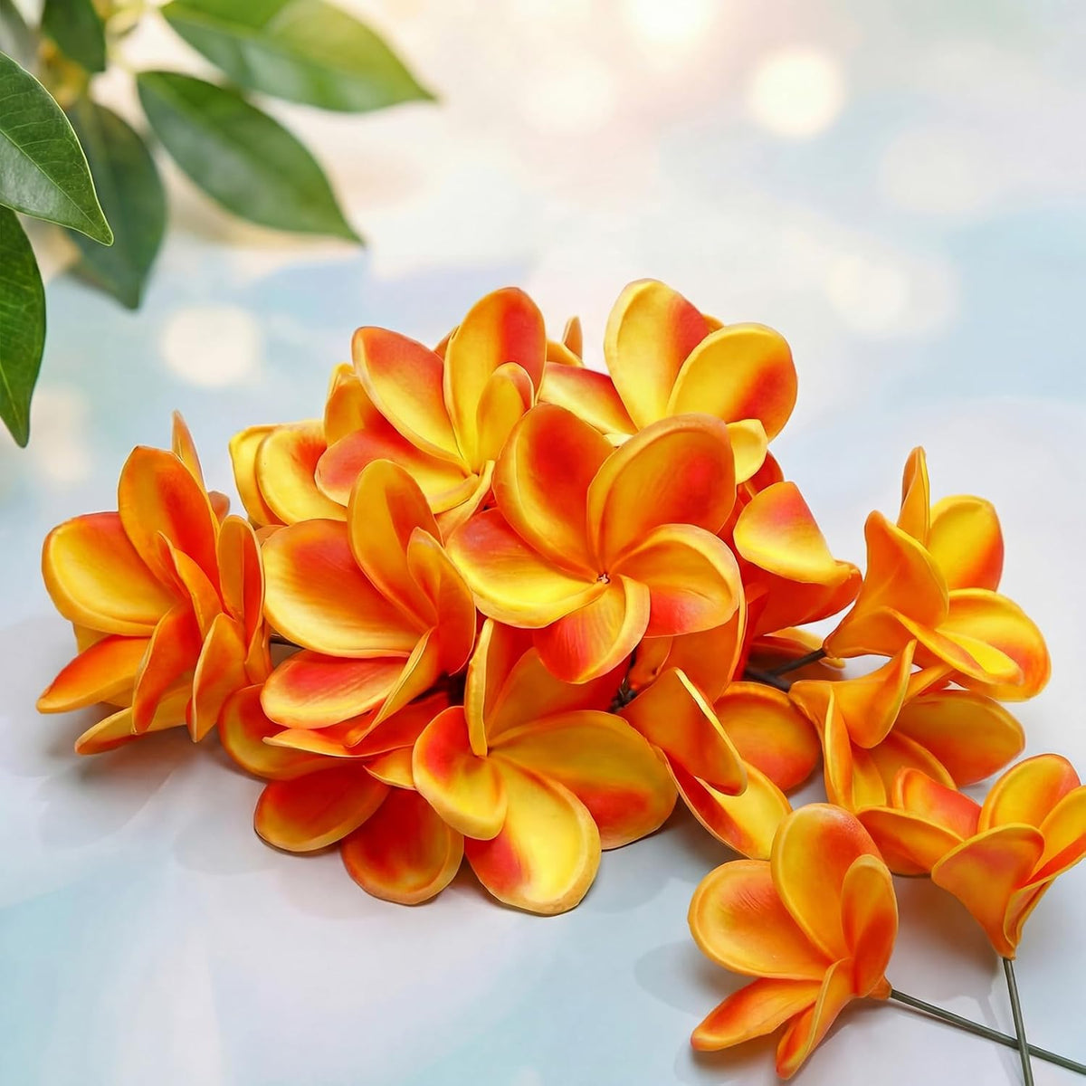 30 Pcs Hawaiian Plumeria Frangipani PU Artificial Flowers Tropical Flowers with Stems for DIY Real to Touch Birthday Gifts Wedding Home Hawaiian Party Decor Table Centerpiece (Orange Pink)