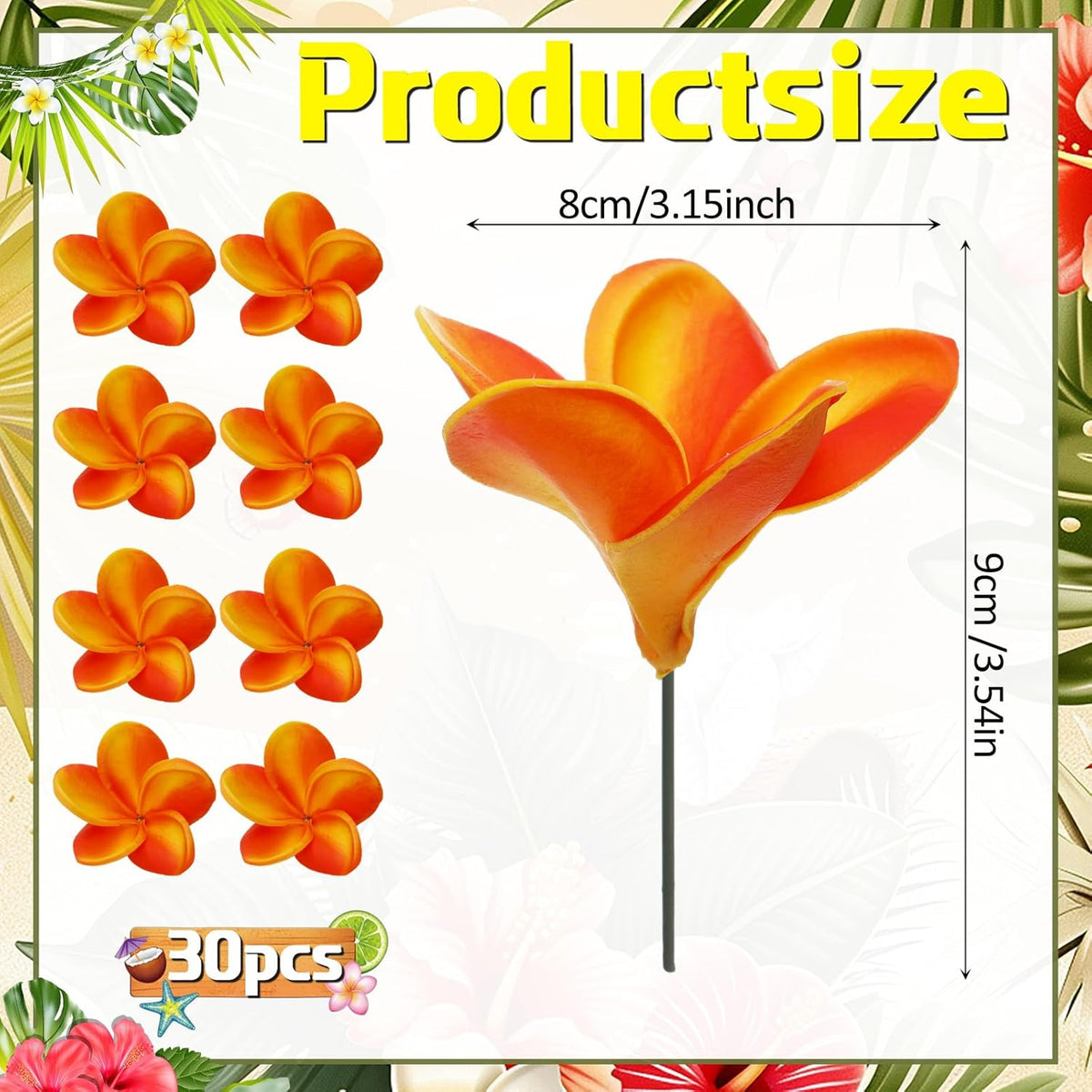30 Pcs Hawaiian Plumeria Frangipani PU Artificial Flowers Tropical Flowers with Stems for DIY Real to Touch Birthday Gifts Wedding Home Hawaiian Party Decor Table Centerpiece (Orange Pink)