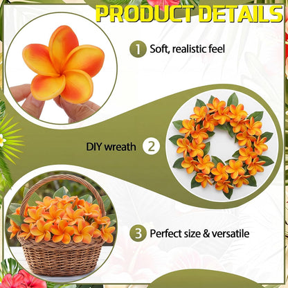 30 Pcs Hawaiian Plumeria Frangipani PU Artificial Flowers Tropical Flowers with Stems for DIY Real to Touch Birthday Gifts Wedding Home Hawaiian Party Decor Table Centerpiece (Orange Pink)