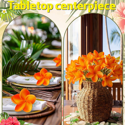 30 Pcs Hawaiian Plumeria Frangipani PU Artificial Flowers Tropical Flowers with Stems for DIY Real to Touch Birthday Gifts Wedding Home Hawaiian Party Decor Table Centerpiece (Orange Pink)
