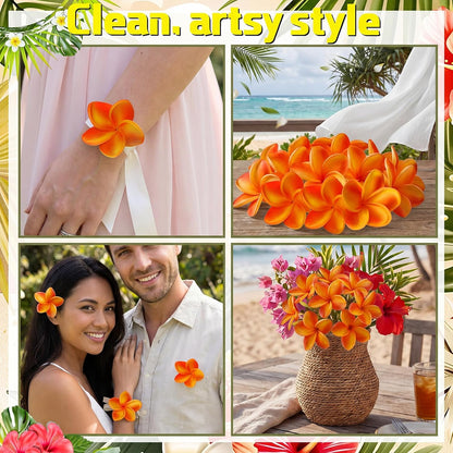 30 Pcs Hawaiian Plumeria Frangipani PU Artificial Flowers Tropical Flowers with Stems for DIY Real to Touch Birthday Gifts Wedding Home Hawaiian Party Decor Table Centerpiece (Orange Pink)