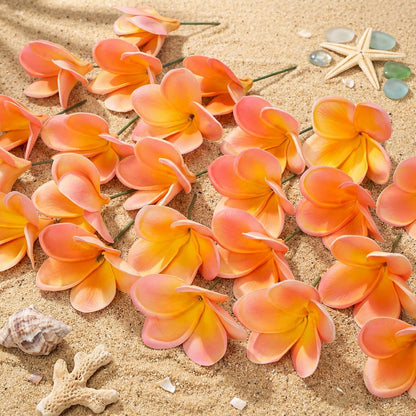 30 Pcs Hawaiian Plumeria Frangipani PU Artificial Flowers Tropical Flowers with Stems for DIY Real to Touch Birthday Gifts Wedding Home Hawaiian Party Decor Table Centerpiece (Orange Pink)