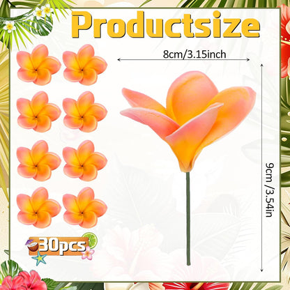 30 Pcs Hawaiian Plumeria Frangipani PU Artificial Flowers Tropical Flowers with Stems for DIY Real to Touch Birthday Gifts Wedding Home Hawaiian Party Decor Table Centerpiece (Orange Pink)