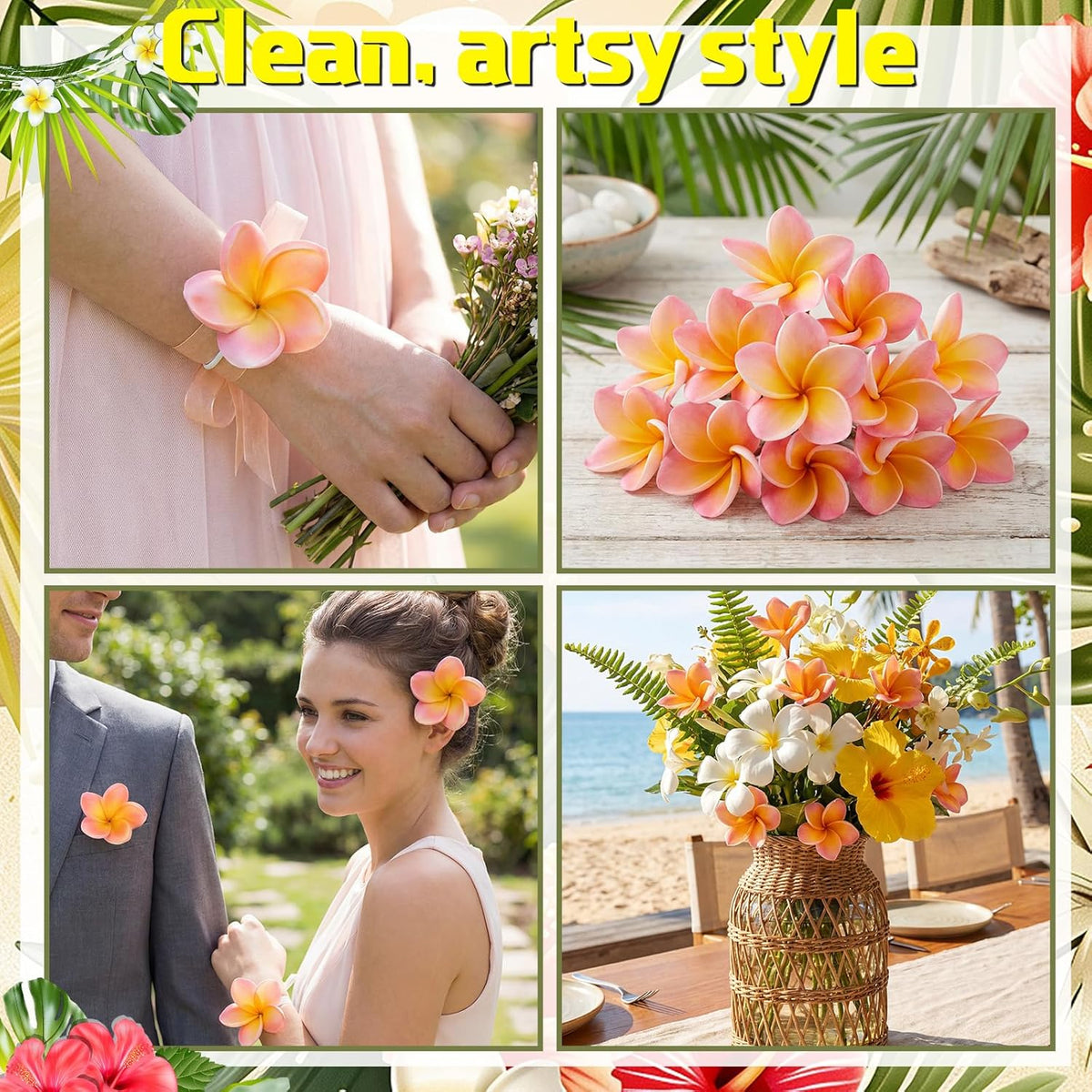 30 Pcs Hawaiian Plumeria Frangipani PU Artificial Flowers Tropical Flowers with Stems for DIY Real to Touch Birthday Gifts Wedding Home Hawaiian Party Decor Table Centerpiece (Orange Pink)
