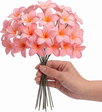 30 Pcs Hawaiian Plumeria Frangipani PU Artificial Flowers Tropical Flowers with Stems for DIY Real to Touch Birthday Gifts Wedding Home Hawaiian Party Decor Table Centerpiece (Orange Pink)