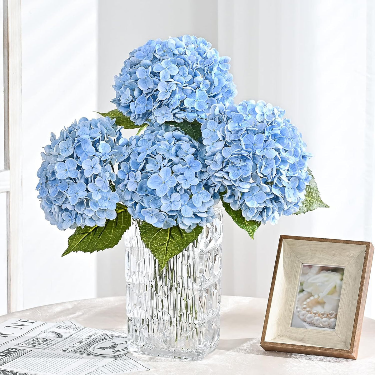 21in Hydrangea Artificial Flowers, Latex Real Touch Hydrangeas (Blue) | Lifelike Large Hydrangea Flowers Long Stem Fake Hydrangeas for Home Decor Party Arrangements Wedding Bouquets Centerpieces
