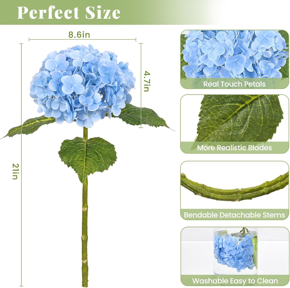 21in Hydrangea Artificial Flowers, Latex Real Touch Hydrangeas (Blue) | Lifelike Large Hydrangea Flowers Long Stem Fake Hydrangeas for Home Decor Party Arrangements Wedding Bouquets Centerpieces