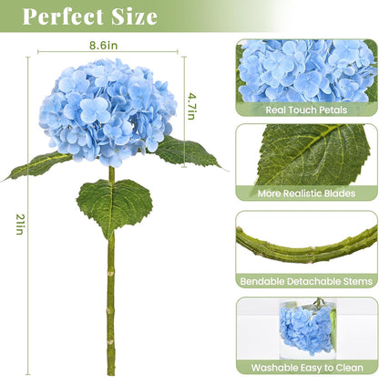 21in Hydrangea Artificial Flowers, Latex Real Touch Hydrangeas (Blue) | Lifelike Large Hydrangea Flowers Long Stem Fake Hydrangeas for Home Decor Party Arrangements Wedding Bouquets Centerpieces