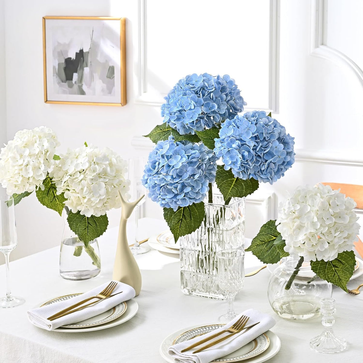 21in Hydrangea Artificial Flowers, Latex Real Touch Hydrangeas (Blue) | Lifelike Large Hydrangea Flowers Long Stem Fake Hydrangeas for Home Decor Party Arrangements Wedding Bouquets Centerpieces