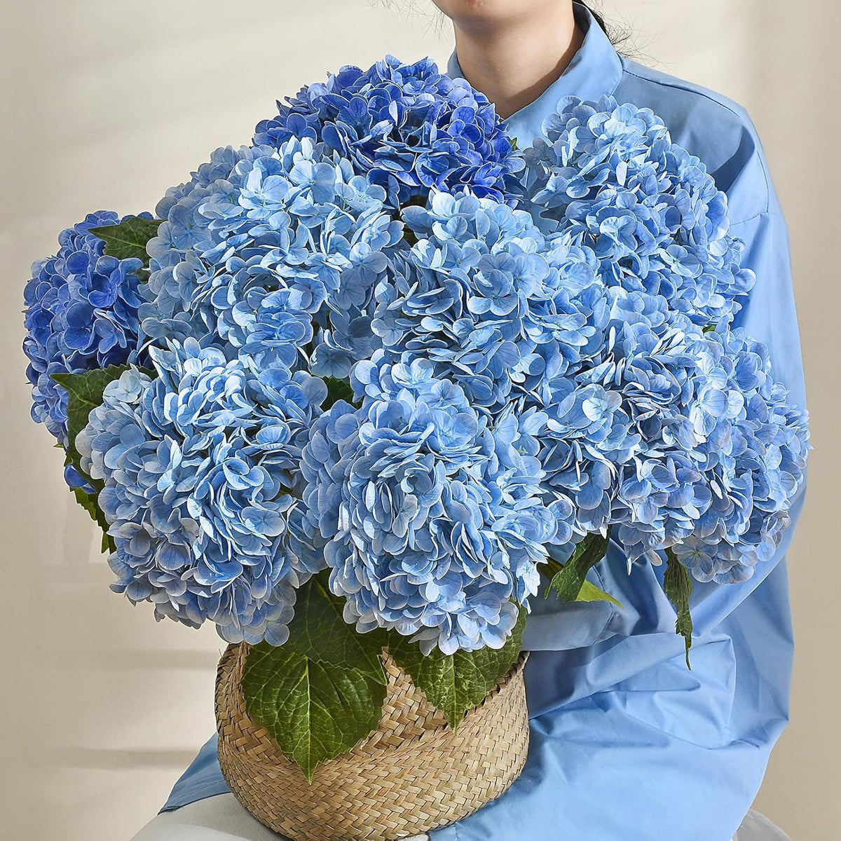 21in Hydrangea Artificial Flowers, Latex Real Touch Hydrangeas (Blue) | Lifelike Large Hydrangea Flowers Long Stem Fake Hydrangeas for Home Decor Party Arrangements Wedding Bouquets Centerpieces