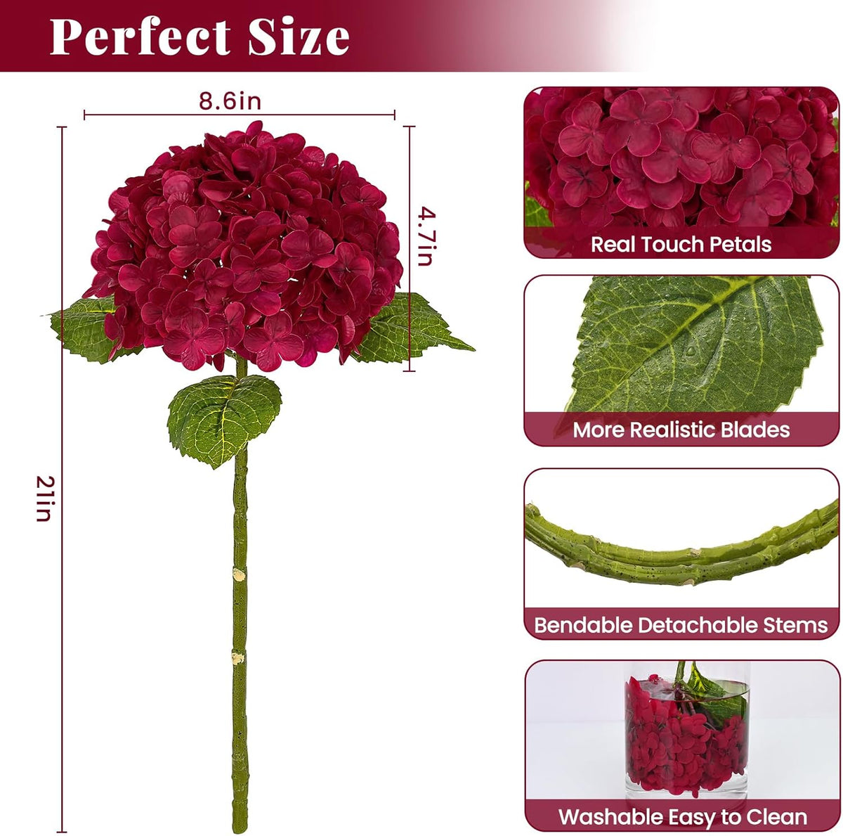 21in Hydrangea Artificial Flowers, Latex Real Touch Hydrangeas (Blue) | Lifelike Large Hydrangea Flowers Long Stem Fake Hydrangeas for Home Decor Party Arrangements Wedding Bouquets Centerpieces