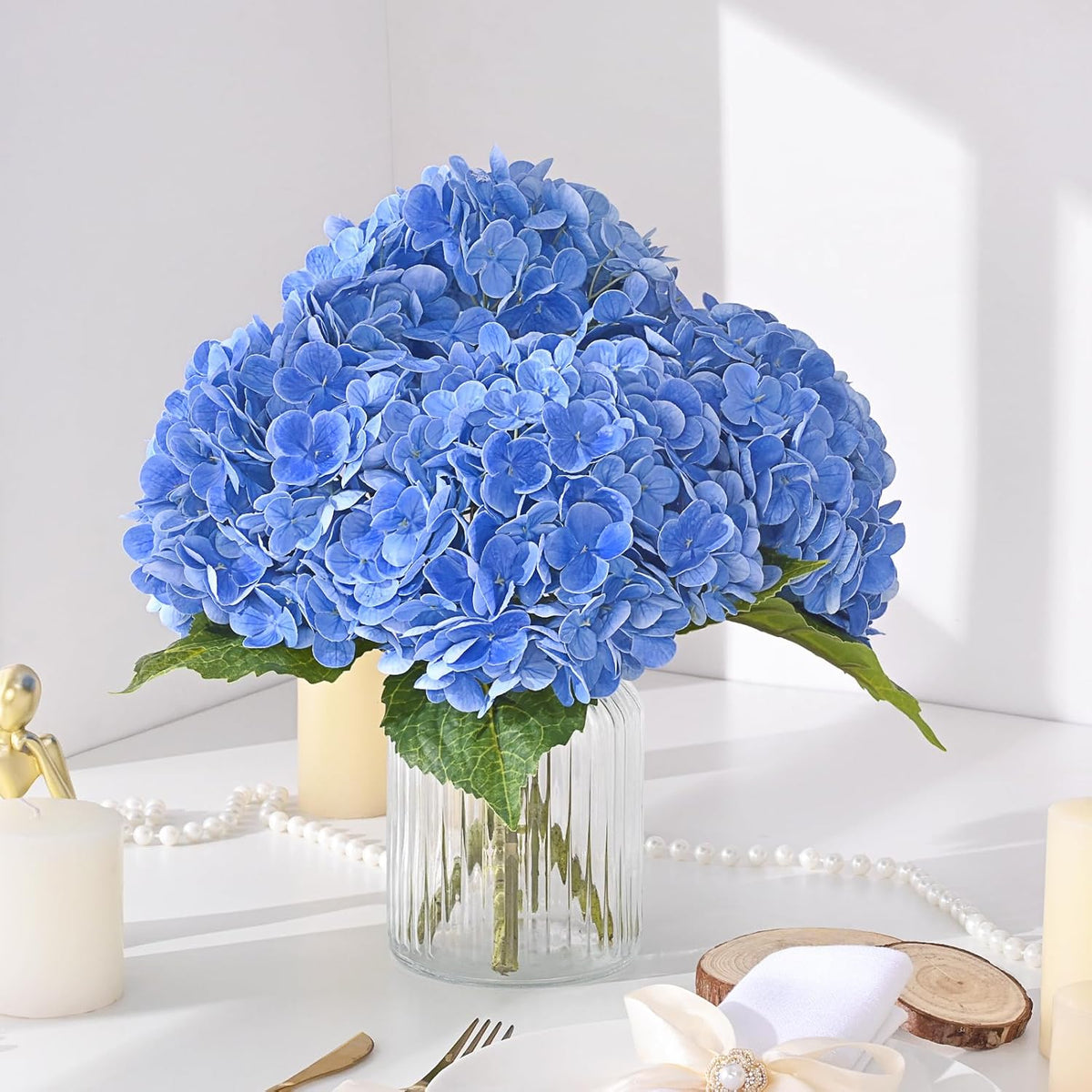 21in Hydrangea Artificial Flowers, Latex Real Touch Hydrangeas (Blue) | Lifelike Large Hydrangea Flowers Long Stem Fake Hydrangeas for Home Decor Party Arrangements Wedding Bouquets Centerpieces