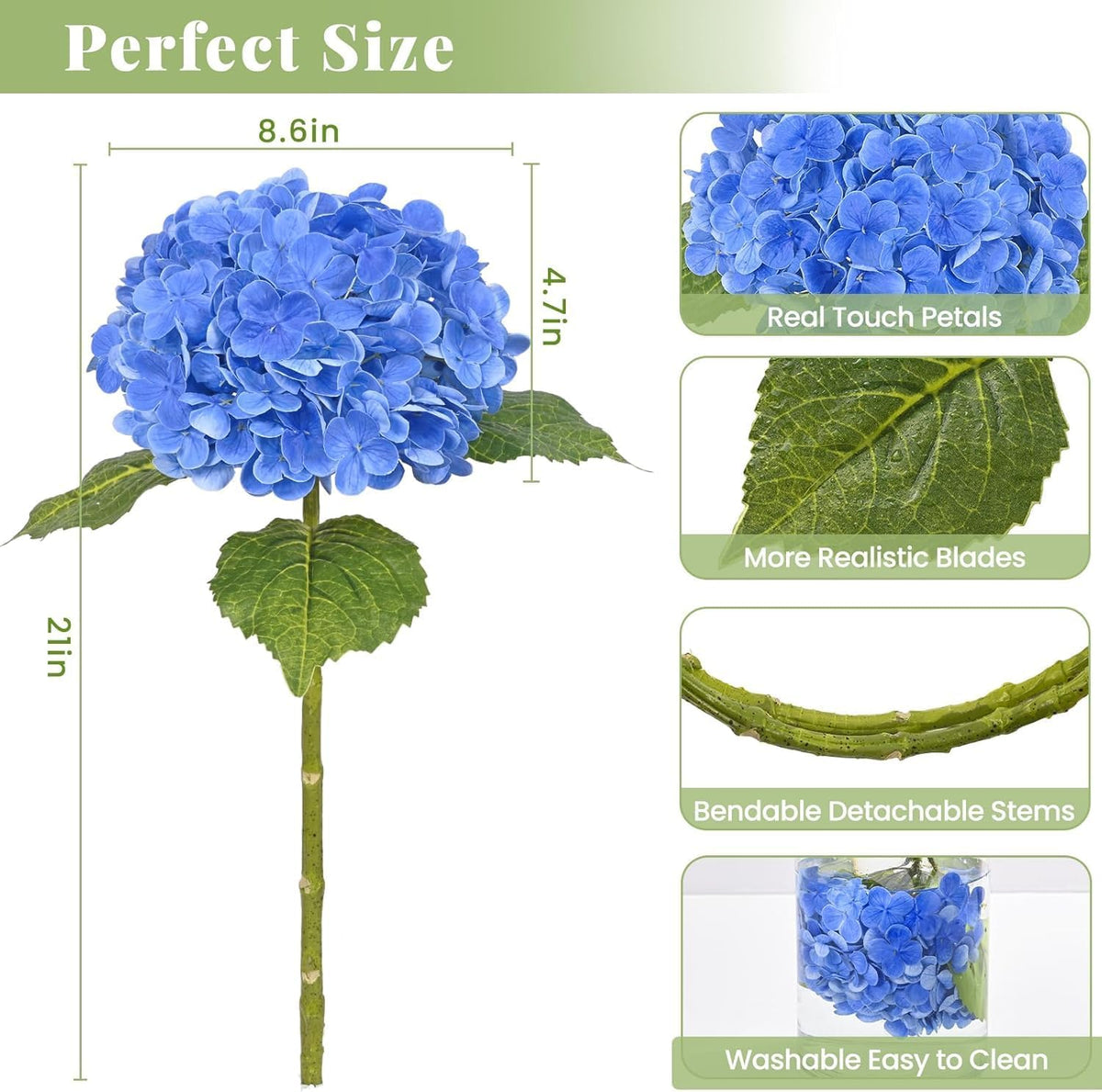 21in Hydrangea Artificial Flowers, Latex Real Touch Hydrangeas (Blue) | Lifelike Large Hydrangea Flowers Long Stem Fake Hydrangeas for Home Decor Party Arrangements Wedding Bouquets Centerpieces
