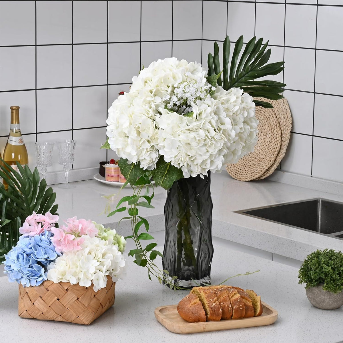 21in Hydrangea Artificial Flowers, Latex Real Touch Hydrangeas (Blue) | Lifelike Large Hydrangea Flowers Long Stem Fake Hydrangeas for Home Decor Party Arrangements Wedding Bouquets Centerpieces