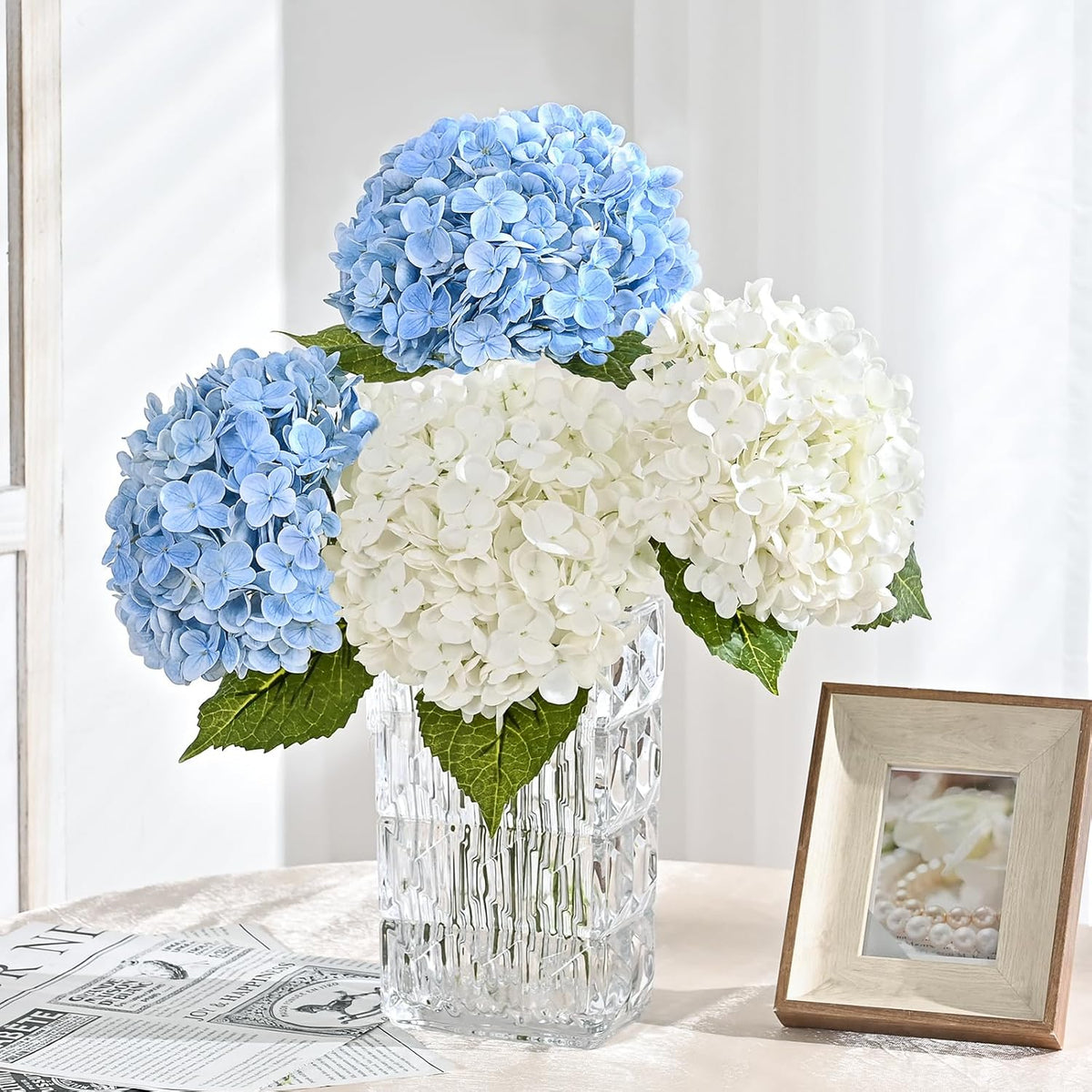 21in Hydrangea Artificial Flowers, Latex Real Touch Hydrangeas (Blue) | Lifelike Large Hydrangea Flowers Long Stem Fake Hydrangeas for Home Decor Party Arrangements Wedding Bouquets Centerpieces