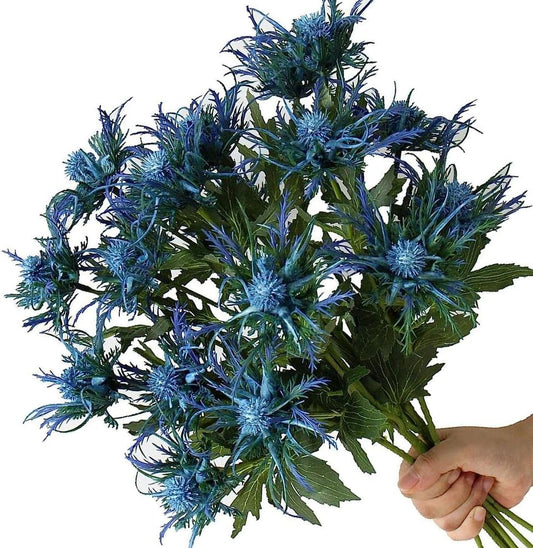 8 Stems Artificial Thistle Flowers 8 Branch Real Touch Blue Thistle Decor 26 Inch Real Size Rustic Spray Eryngium Sea Holly for Wedding Bouquet Centerpiece