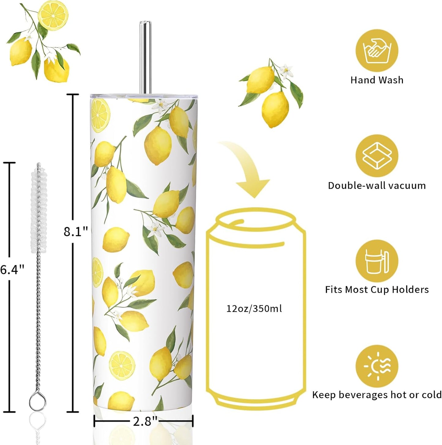Lemon Gifts for Women, Lemon Tumbler 20oz Stainless Steel Insulated Cup Travel Mug Tumbler, Christmas Birthday Gifts for Women