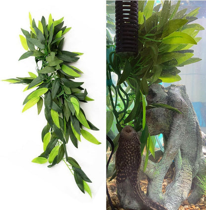 Artificial Aquarium Plants Plastic, Reptile Plants Hanging Silk Terrarium Rattan Ornament with Suction Cup (Green)