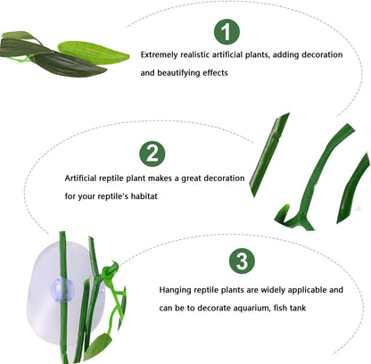 Artificial Aquarium Plants Plastic, Reptile Plants Hanging Silk Terrarium Rattan Ornament with Suction Cup (Green)