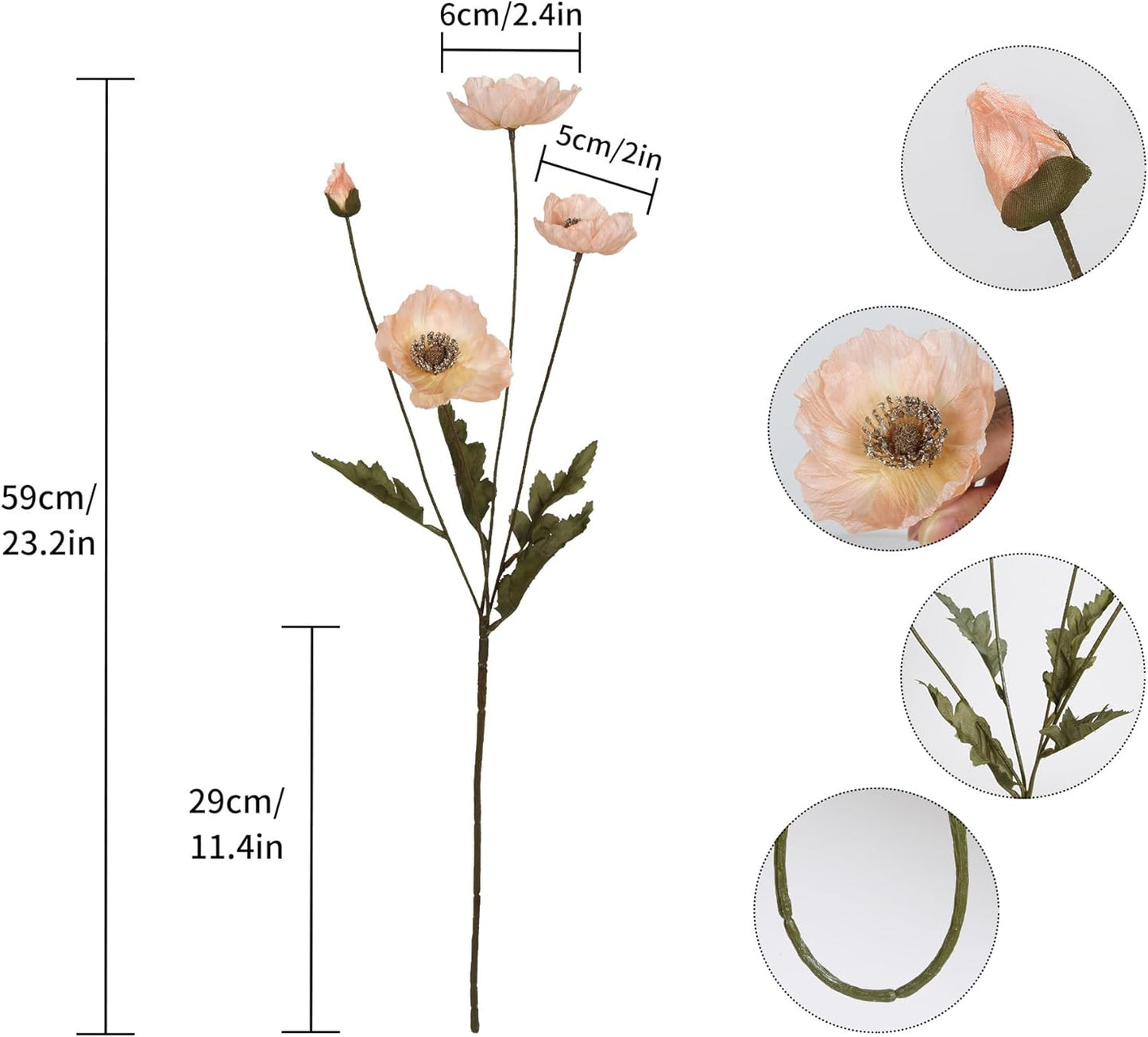 White Artificial Poppy Flowers 6pcs Poppies White Artificial Flowers with Stems Silk Flower Arrangements for Wedding Centerpieces for Home Table Bridal Shower Party Decorations (White)