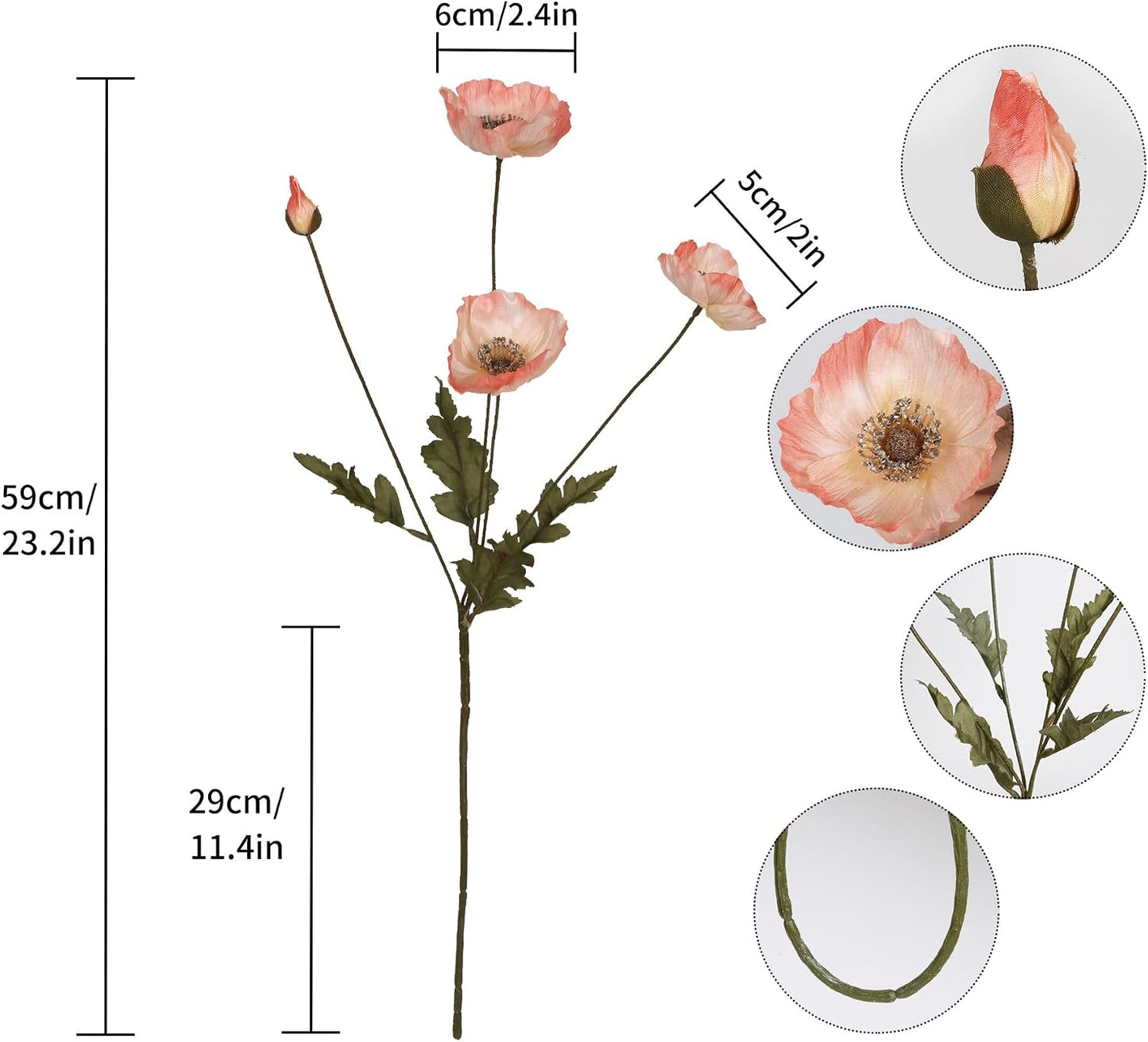 White Artificial Poppy Flowers 6pcs Poppies White Artificial Flowers with Stems Silk Flower Arrangements for Wedding Centerpieces for Home Table Bridal Shower Party Decorations (White)