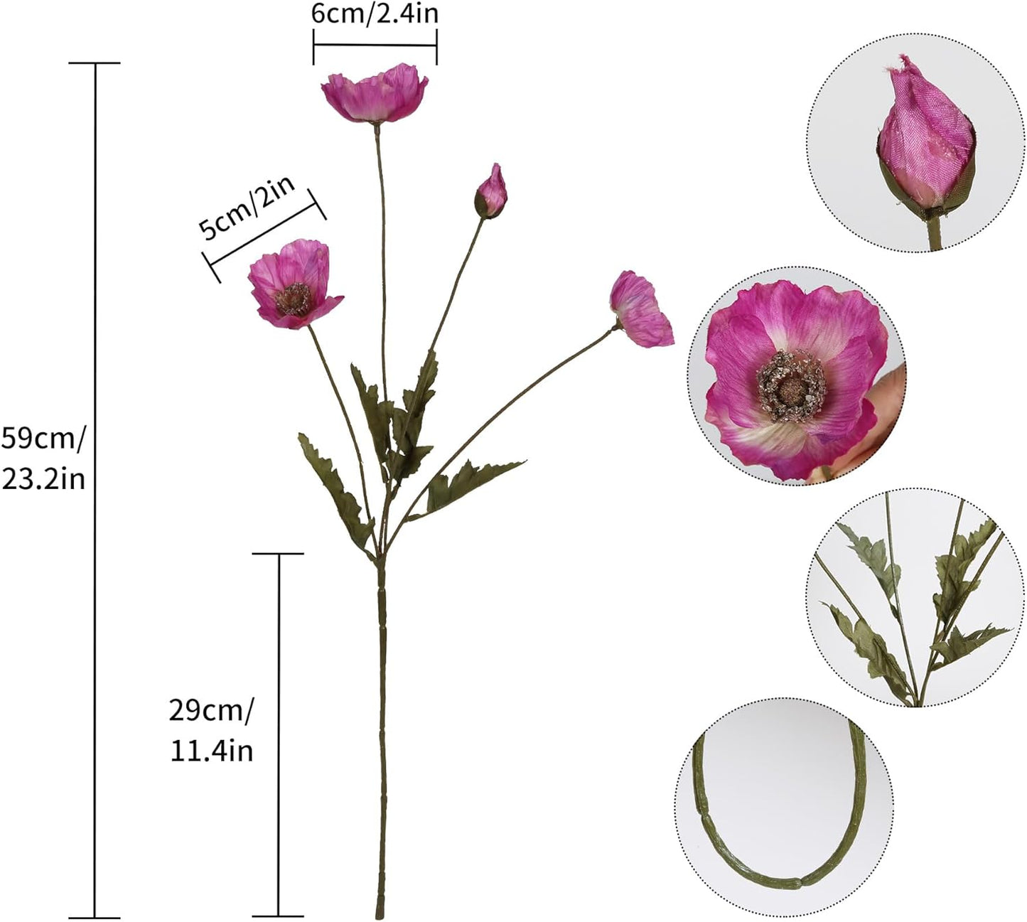 White Artificial Poppy Flowers 6pcs Poppies White Artificial Flowers with Stems Silk Flower Arrangements for Wedding Centerpieces for Home Table Bridal Shower Party Decorations (White)