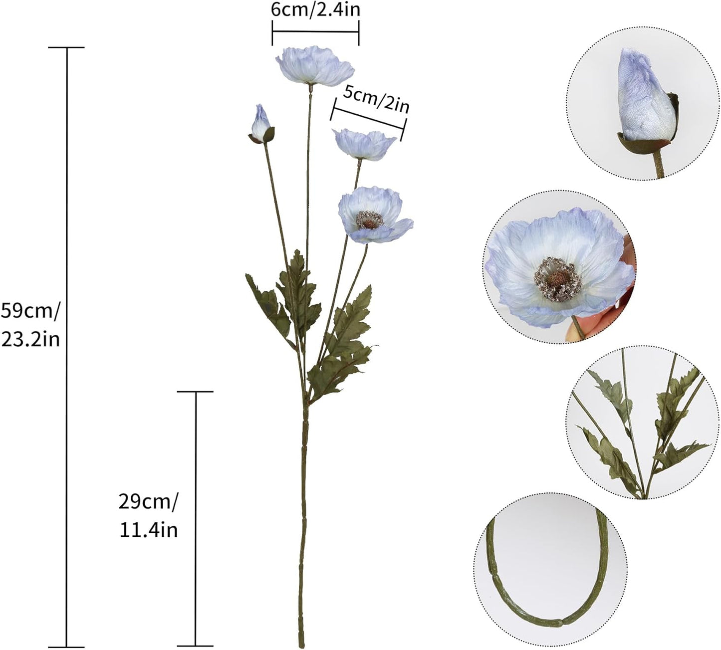 White Artificial Poppy Flowers 6pcs Poppies White Artificial Flowers with Stems Silk Flower Arrangements for Wedding Centerpieces for Home Table Bridal Shower Party Decorations (White)