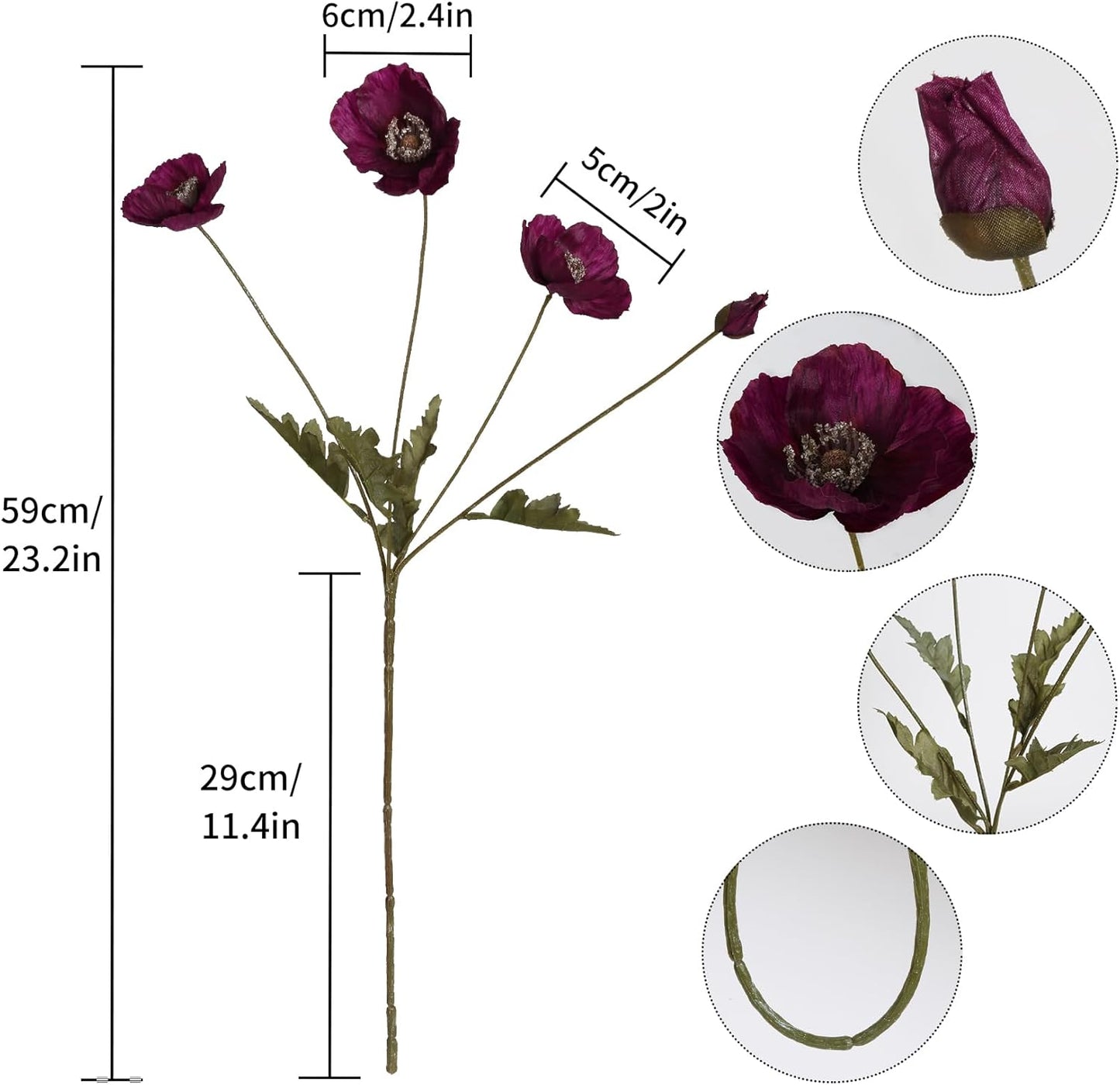White Artificial Poppy Flowers 6pcs Poppies White Artificial Flowers with Stems Silk Flower Arrangements for Wedding Centerpieces for Home Table Bridal Shower Party Decorations (White)