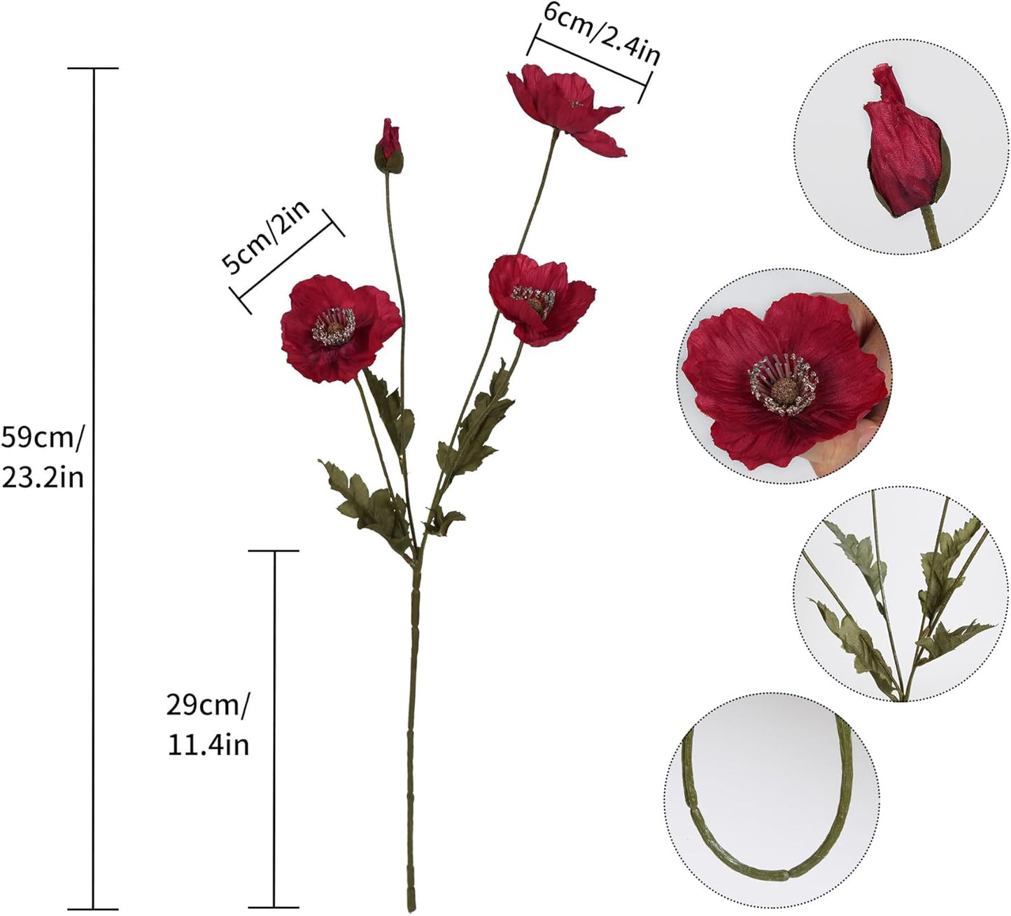 White Artificial Poppy Flowers 6pcs Poppies White Artificial Flowers with Stems Silk Flower Arrangements for Wedding Centerpieces for Home Table Bridal Shower Party Decorations (White)