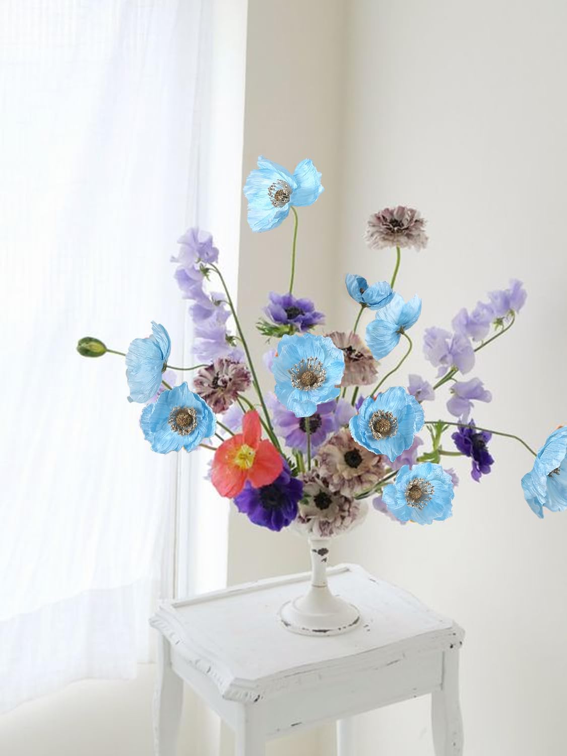 White Artificial Poppy Flowers 6pcs Poppies White Artificial Flowers with Stems Silk Flower Arrangements for Wedding Centerpieces for Home Table Bridal Shower Party Decorations (White)