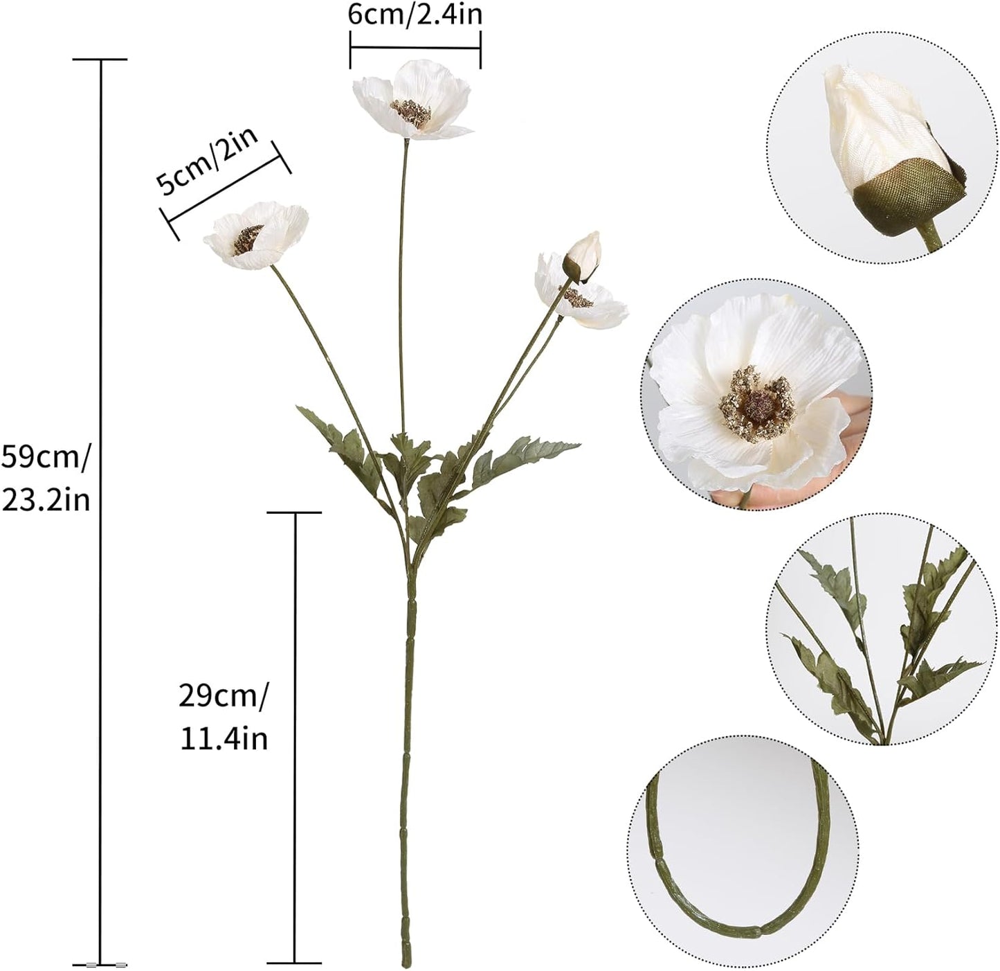 White Artificial Poppy Flowers 6pcs Poppies White Artificial Flowers with Stems Silk Flower Arrangements for Wedding Centerpieces for Home Table Bridal Shower Party Decorations (White)