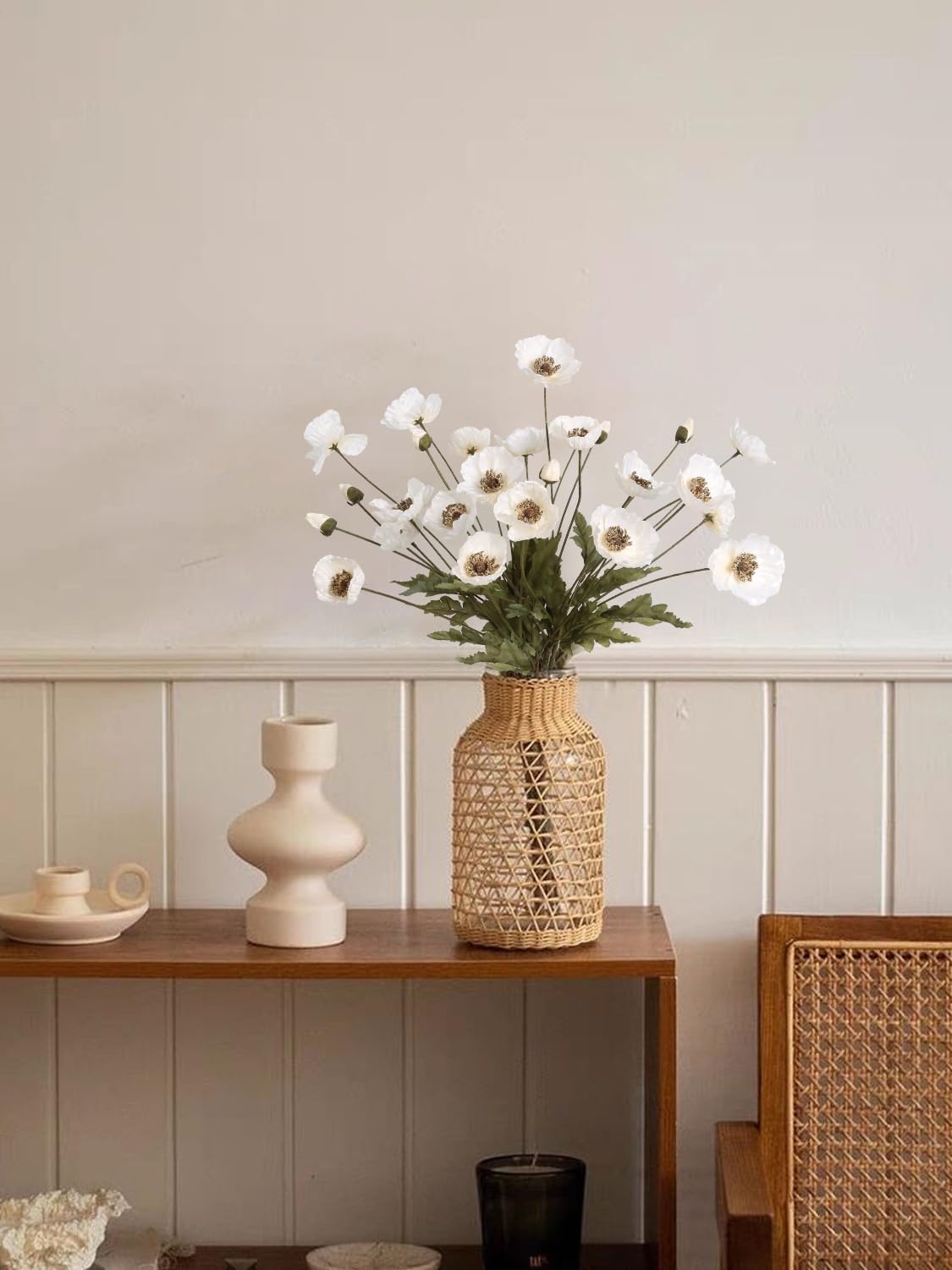 White Artificial Poppy Flowers 6pcs Poppies White Artificial Flowers with Stems Silk Flower Arrangements for Wedding Centerpieces for Home Table Bridal Shower Party Decorations (White)