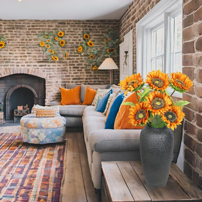 Artificial Sunflowers with Stems,10pcs Faux Silk Yellow Flower for Wedding Bouquet Floral Arrangement Table Centerpieces Home Office Garden Decoration (No Vase