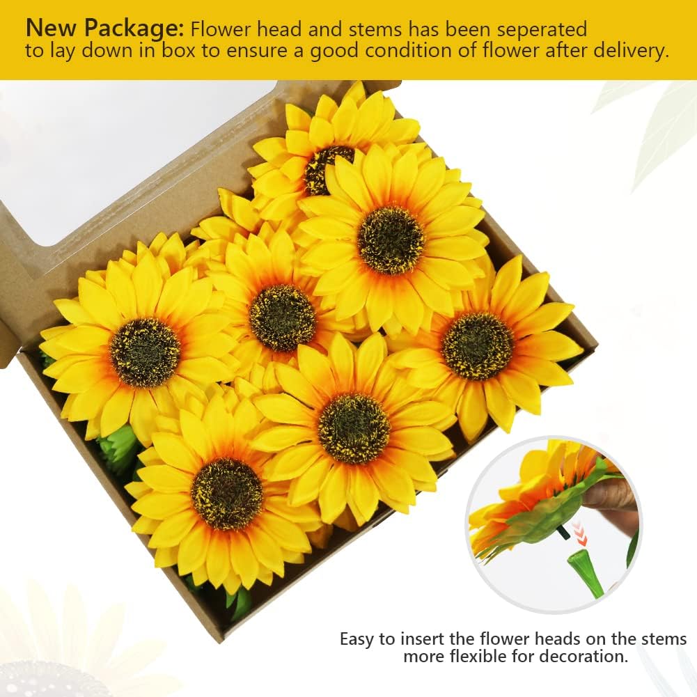 Artificial Sunflowers with Stems,10pcs Faux Silk Yellow Flower for Wedding Bouquet Floral Arrangement Table Centerpieces Home Office Garden Decoration (No Vase