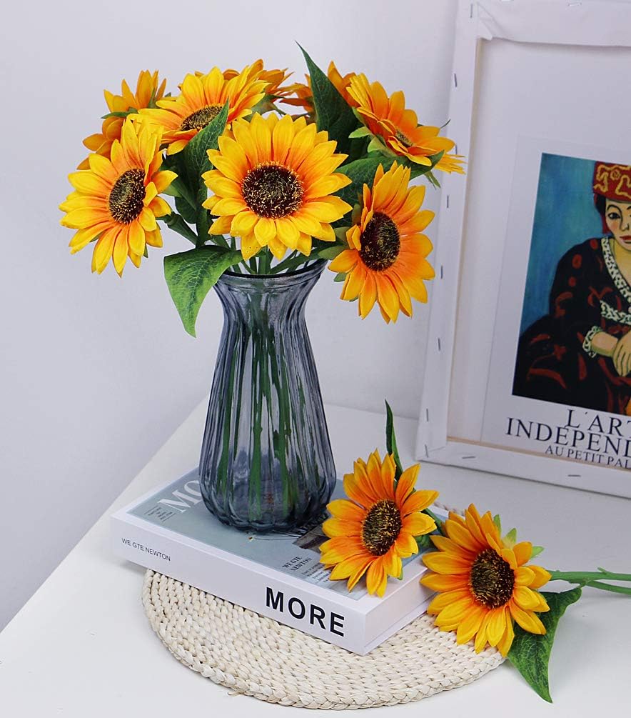 Artificial Sunflowers with Stems,10pcs Faux Silk Yellow Flower for Wedding Bouquet Floral Arrangement Table Centerpieces Home Office Garden Decoration (No Vase