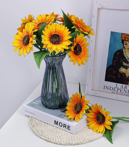 Artificial Sunflowers with Stems,10pcs Faux Silk Yellow Flower for Wedding Bouquet Floral Arrangement Table Centerpieces Home Office Garden Decoration (No Vase