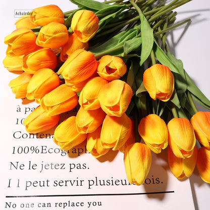 30pcs Tulips Artificial Flowers, Artificial Latex Real Touch Tulips Flowers Bouquet for Mother's Day Easter Wedding Party Home Decor-White