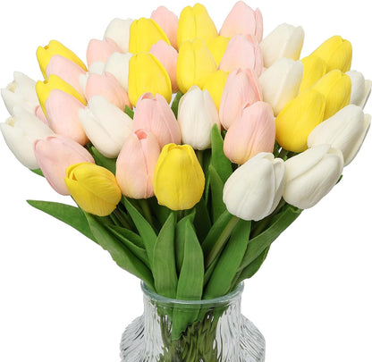 30pcs Tulips Artificial Flowers, Artificial Latex Real Touch Tulips Flowers Bouquet for Mother's Day Easter Wedding Party Home Decor-White