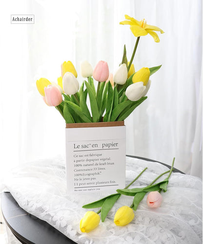 30pcs Tulips Artificial Flowers, Artificial Latex Real Touch Tulips Flowers Bouquet for Mother's Day Easter Wedding Party Home Decor-White