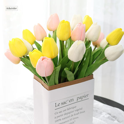 30pcs Tulips Artificial Flowers, Artificial Latex Real Touch Tulips Flowers Bouquet for Mother's Day Easter Wedding Party Home Decor-White