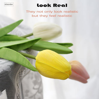 30pcs Tulips Artificial Flowers, Artificial Latex Real Touch Tulips Flowers Bouquet for Mother's Day Easter Wedding Party Home Decor-White